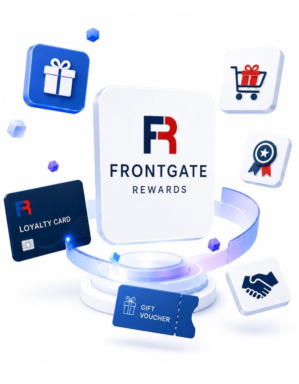 Frontgate Rewards illustration with a loyalty card, gift voucher and reward icons