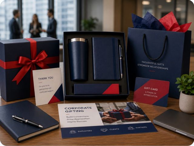 Corporate gifting: a gift box, notebook, flask and gift card