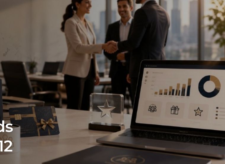 A handshake over gift boxes, a trophy and a dashboard