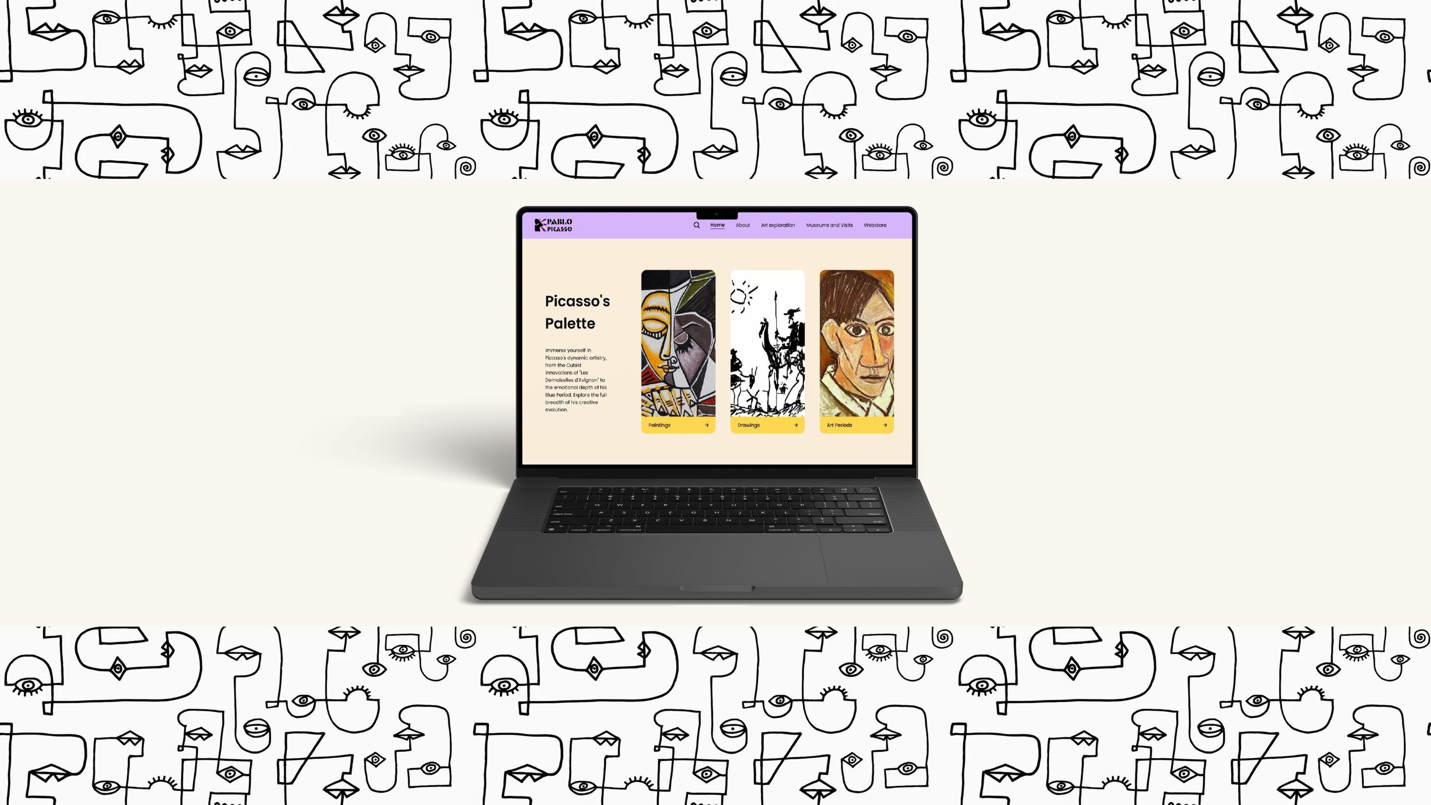 The redesigned Picasso website on a laptop, showing Picasso's Palette, set on a band of Picasso-style line drawings
