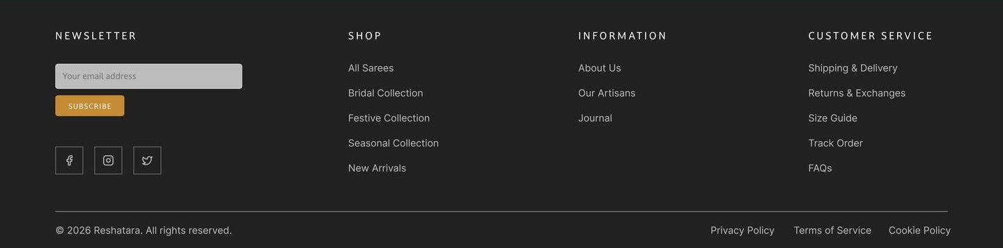Footer: newsletter, shop links, brand pages and customer service