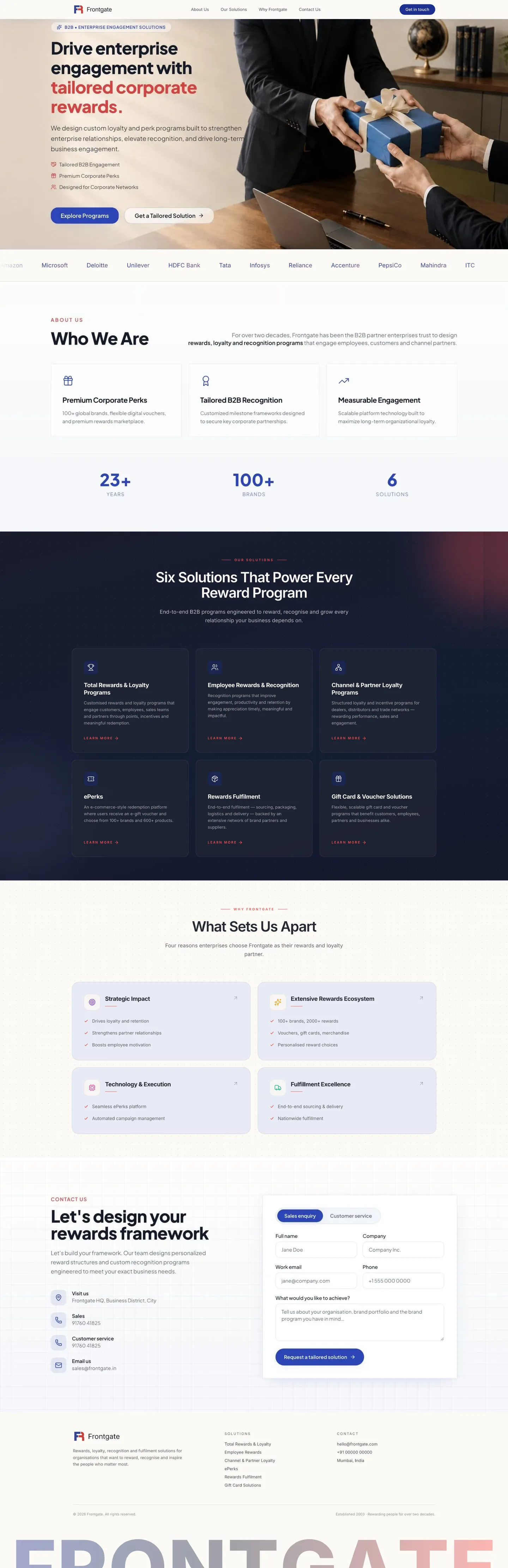 Early draft of the Frontgate homepage: a photo-led hero, a client logo strip under it, boxed About cards, dark service cards, four boxed reasons in Why Frontgate, and a contact form with sales and customer service tabs