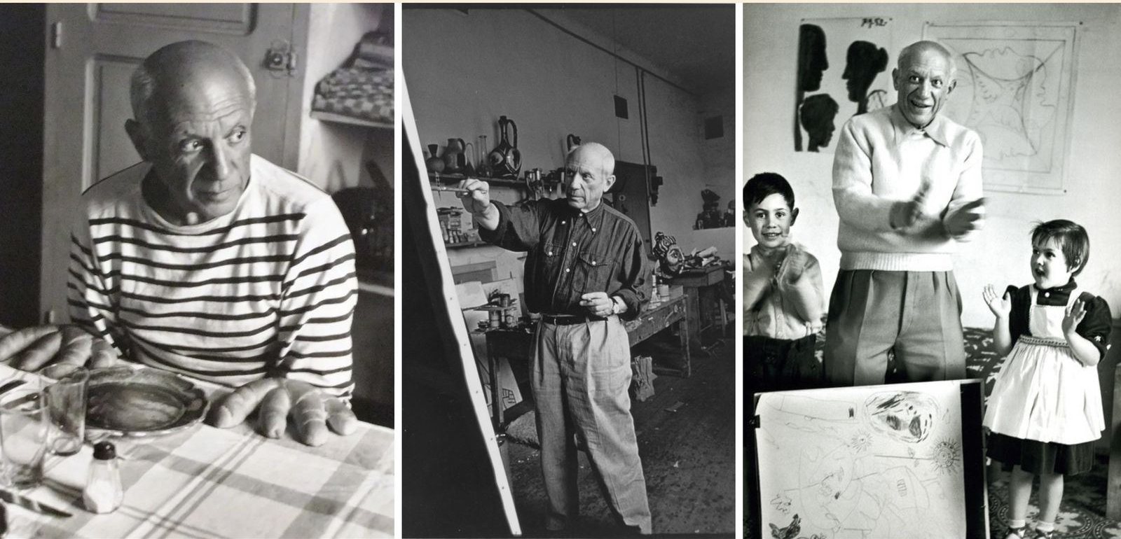 Three photographs of Picasso at home and at work